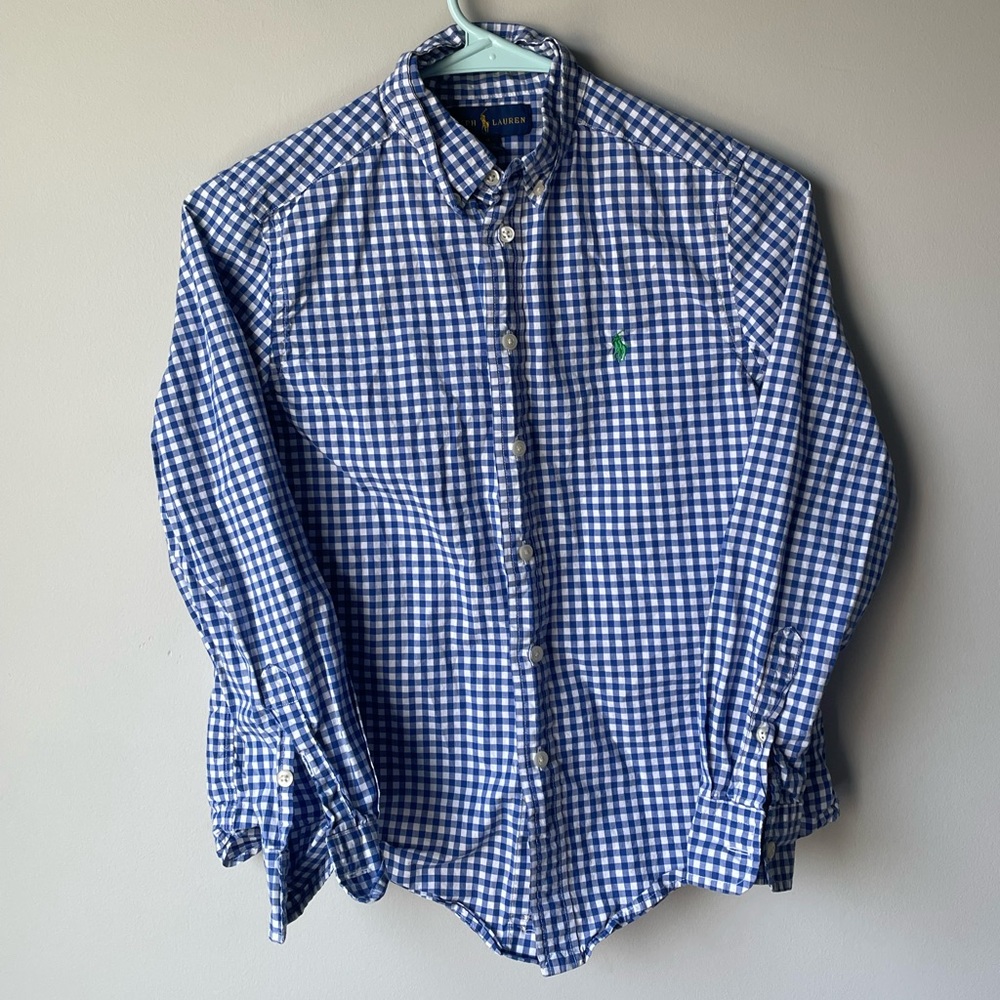 Boys blue plaid, longsleeve Polo, by Ralph Lauren